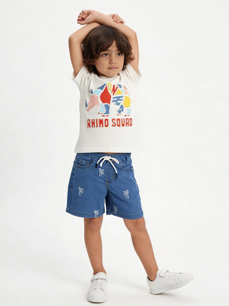 HOP Kids Boys Off-White Rhino Printed Cotton T-Shirt