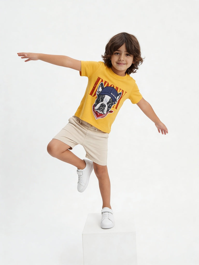 HOP Kids Boys Yellow Bronx Dog Graphic Cotton T-Shirt