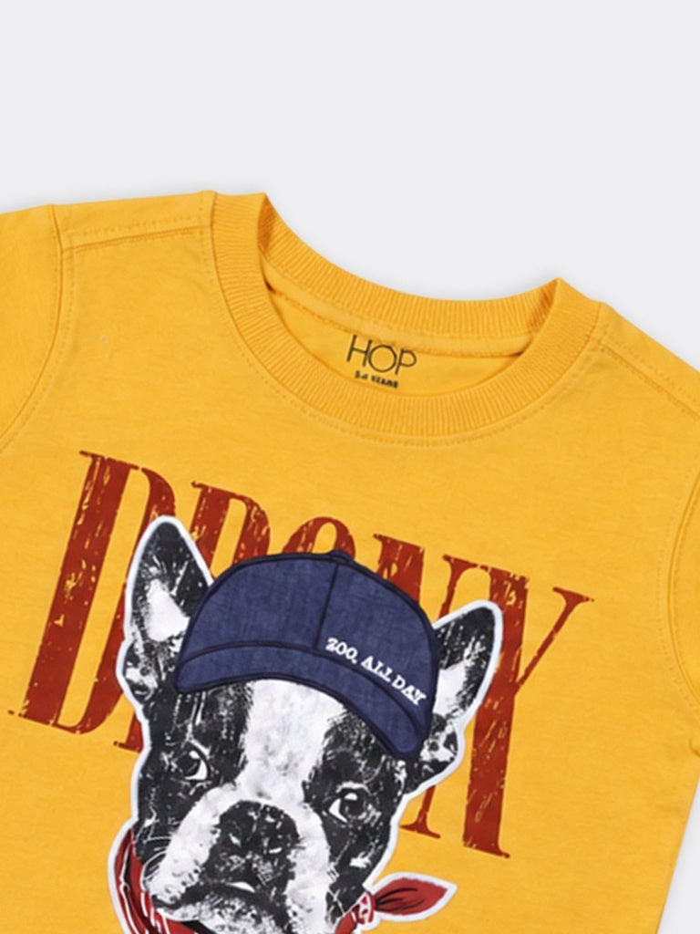 HOP Kids Boys Yellow Bronx Dog Graphic Cotton T-Shirt