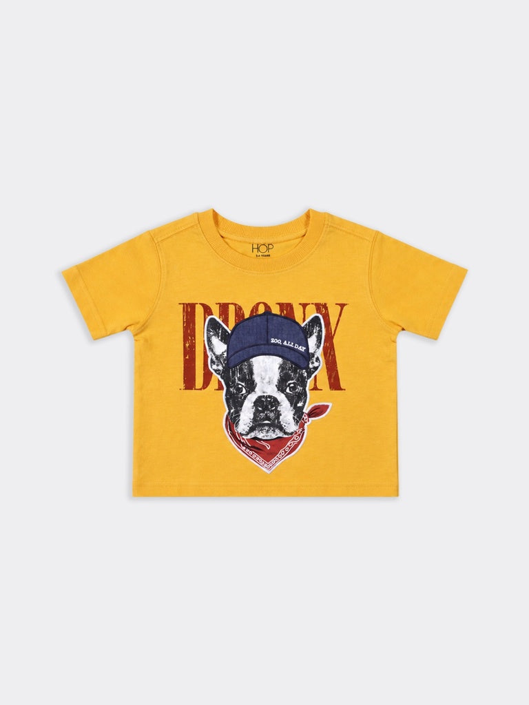 HOP Kids Boys Yellow Bronx Dog Graphic Cotton T-Shirt