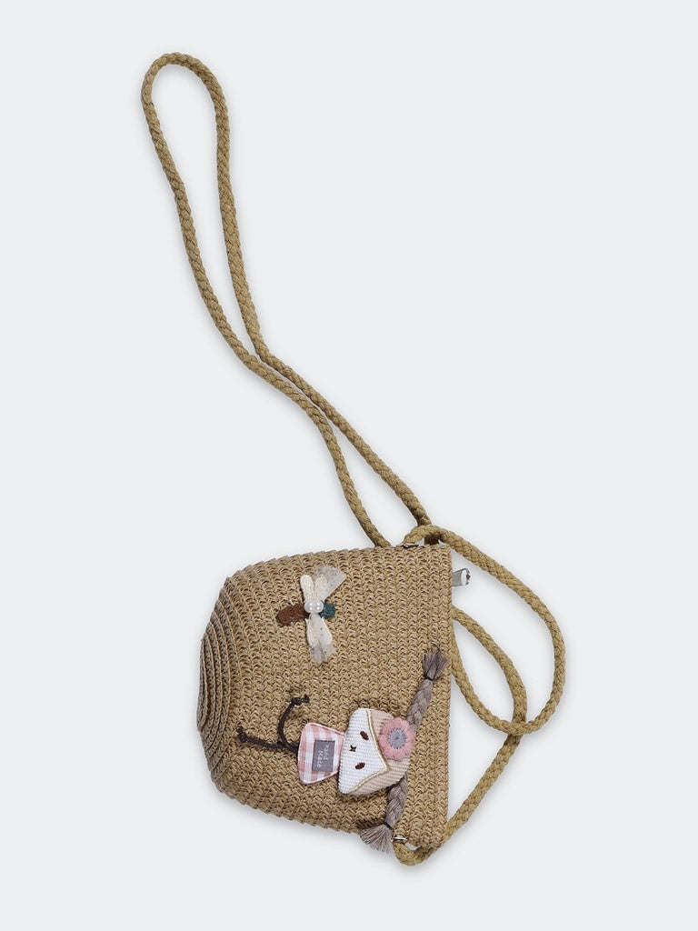 HOP Baby Girls Brown Doll Applique Textured Straw Sling Bag