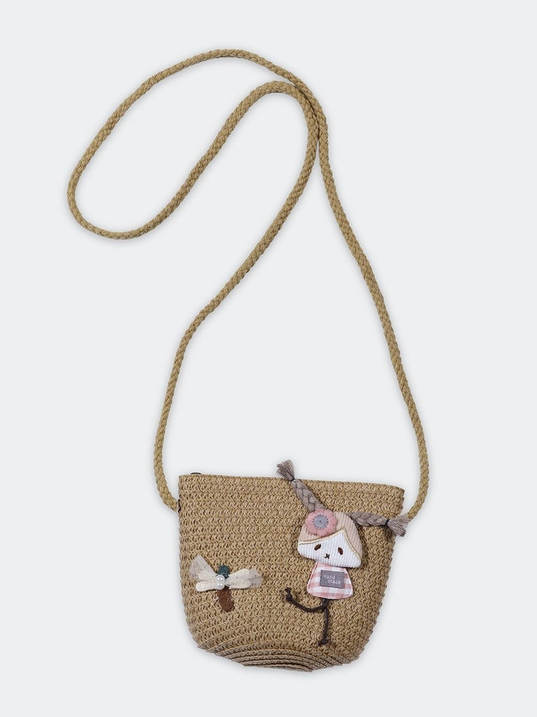 HOP Baby Girls Brown Doll Applique Textured Straw Sling Bag