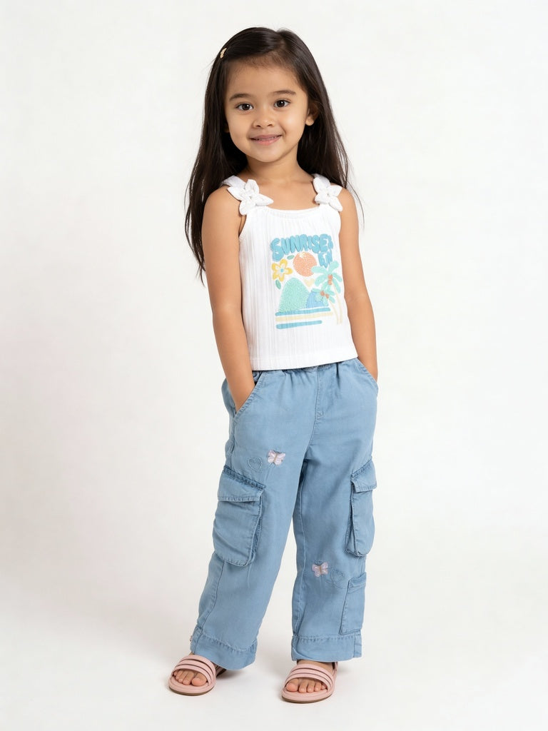 HOP Kids Girls Off-White Ribbed Ruffle Strap Cotton Top