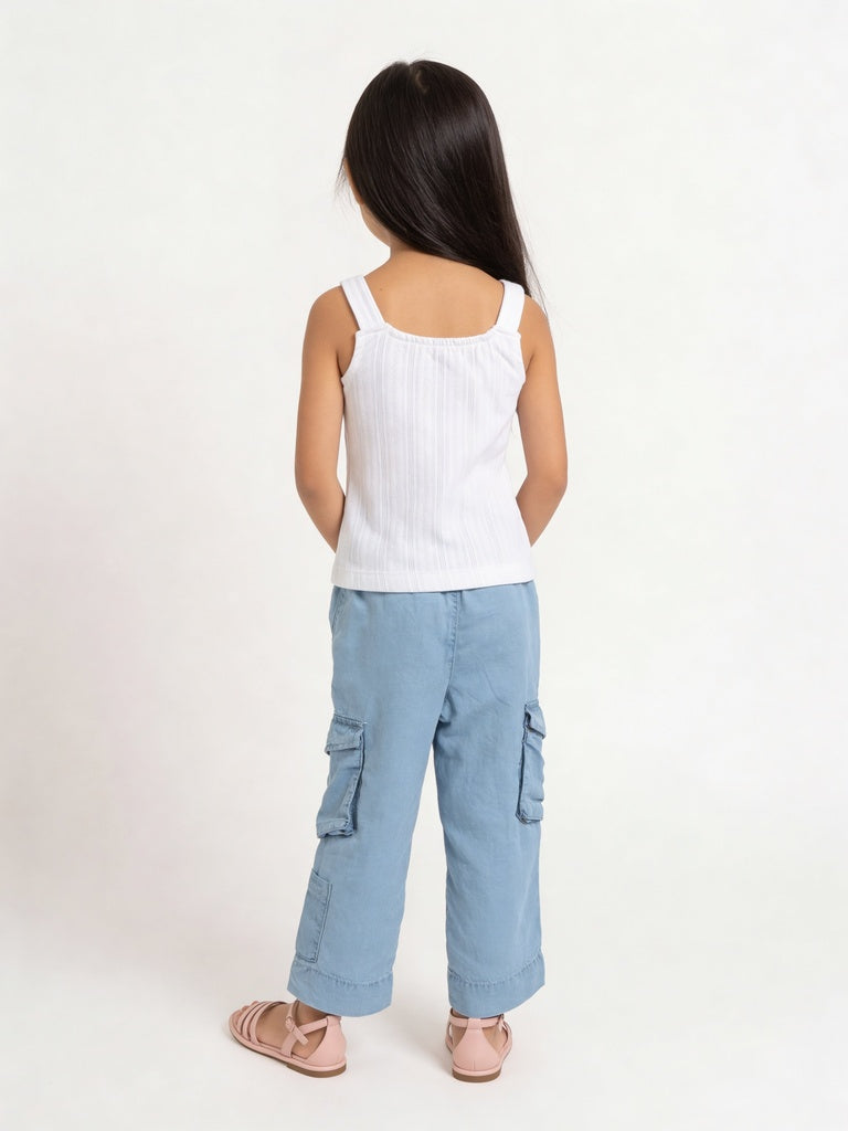 HOP Kids Girls Off-White Ribbed Ruffle Strap Cotton Top