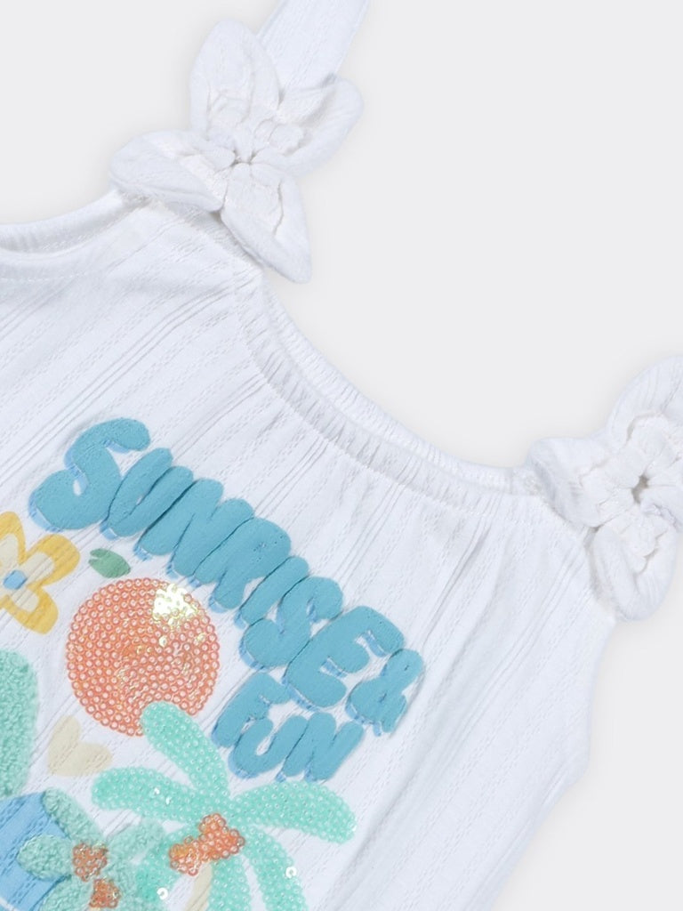 HOP Kids Girls Off-White Ribbed Ruffle Strap Cotton Top
