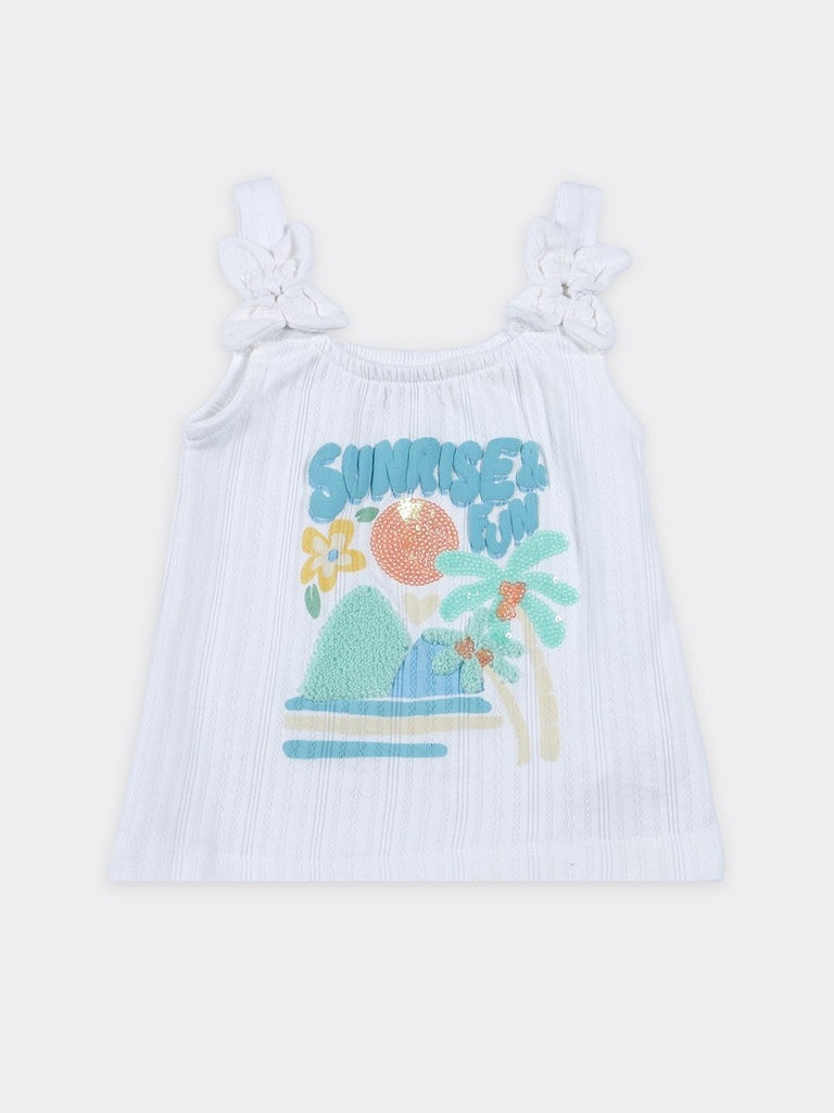 HOP Kids Girls Off-White Ribbed Ruffle Strap Cotton Top