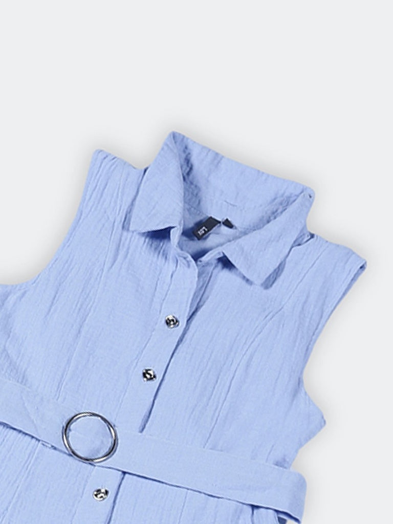 LOV Light Blue Crinkled-Textured Cotton Shirt Dress with Belt
