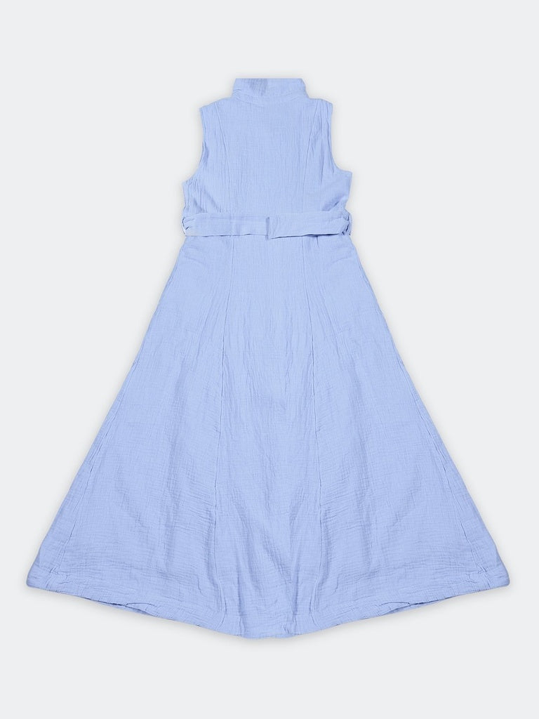 LOV Light Blue Crinkled-Textured Cotton Shirt Dress with Belt