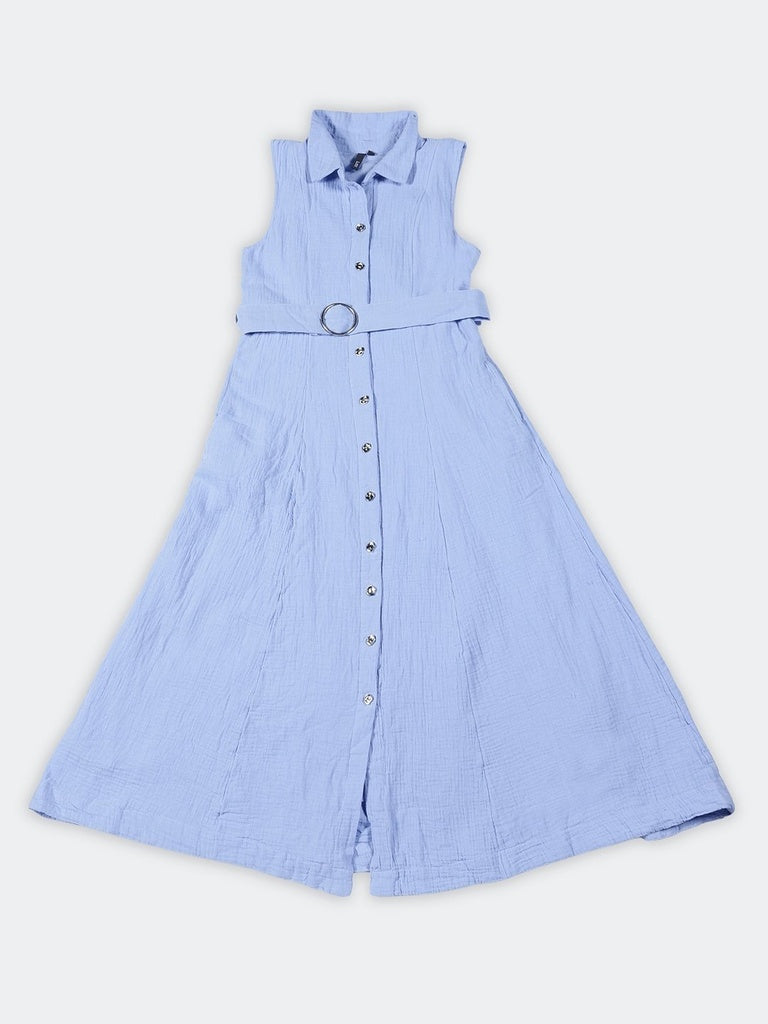 LOV Light Blue Crinkled-Textured Cotton Shirt Dress with Belt