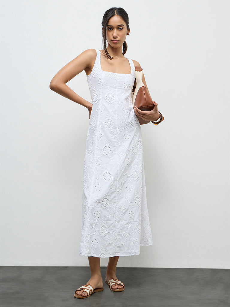 LOV Off-White Floral Embroidered A-Line Cotton Dress