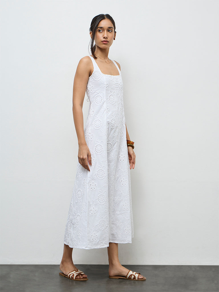LOV Off-White Floral Embroidered A-Line Cotton Dress