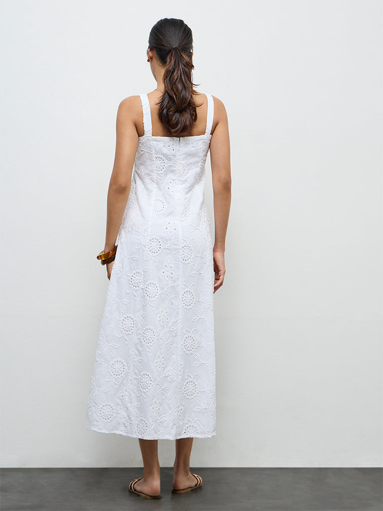 LOV Off-White Floral Embroidered A-Line Cotton Dress