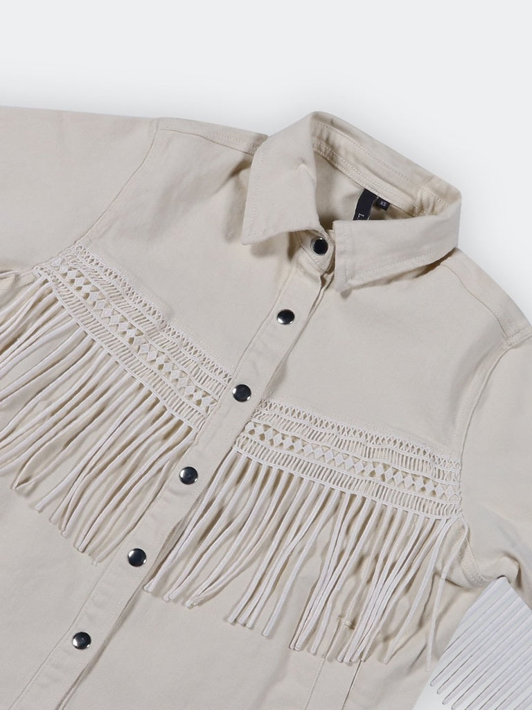 LOV Cream Fringe-Detail Cotton Jacket