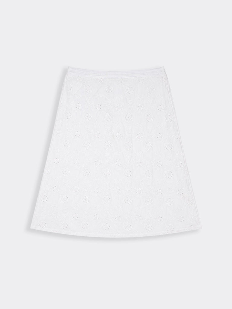 LOV White Schiffli Embroidered High-Rise Cotton Skirt