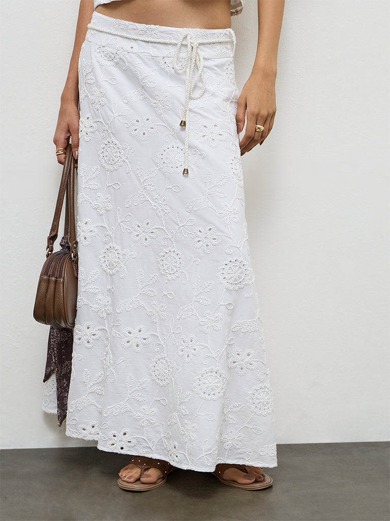LOV White Schiffli Embroidered High-Rise Cotton Skirt
