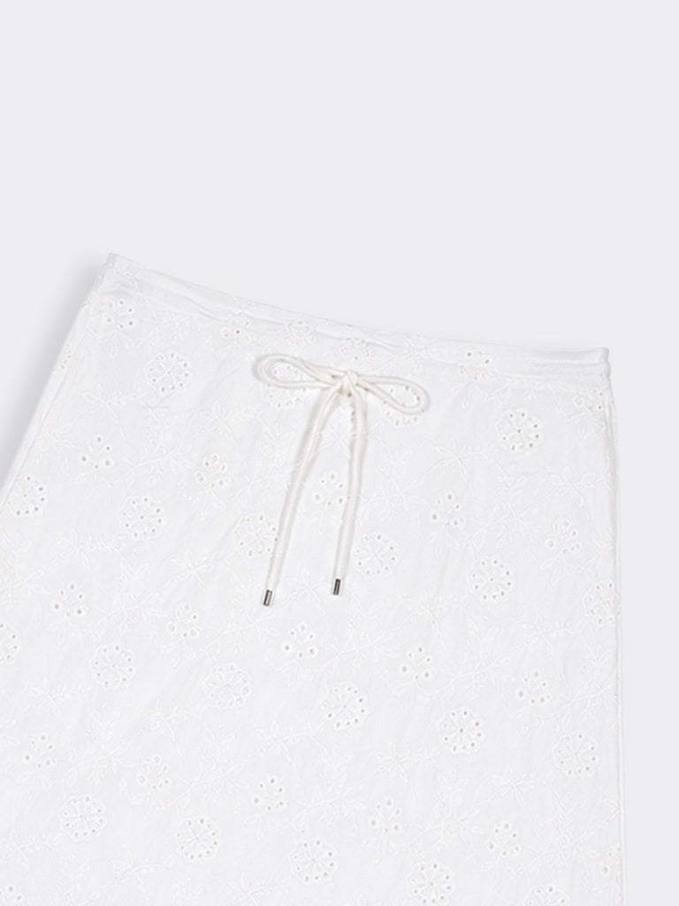 LOV White Schiffli Embroidered High-Rise Cotton Skirt