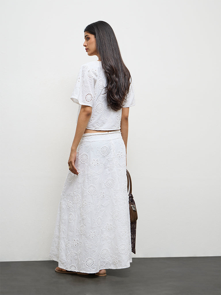 LOV White Schiffli Embroidered High-Rise Cotton Skirt
