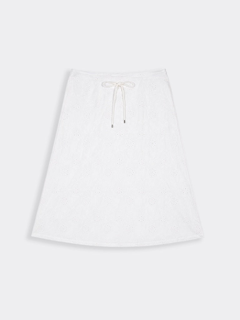 LOV White Schiffli Embroidered High-Rise Cotton Skirt