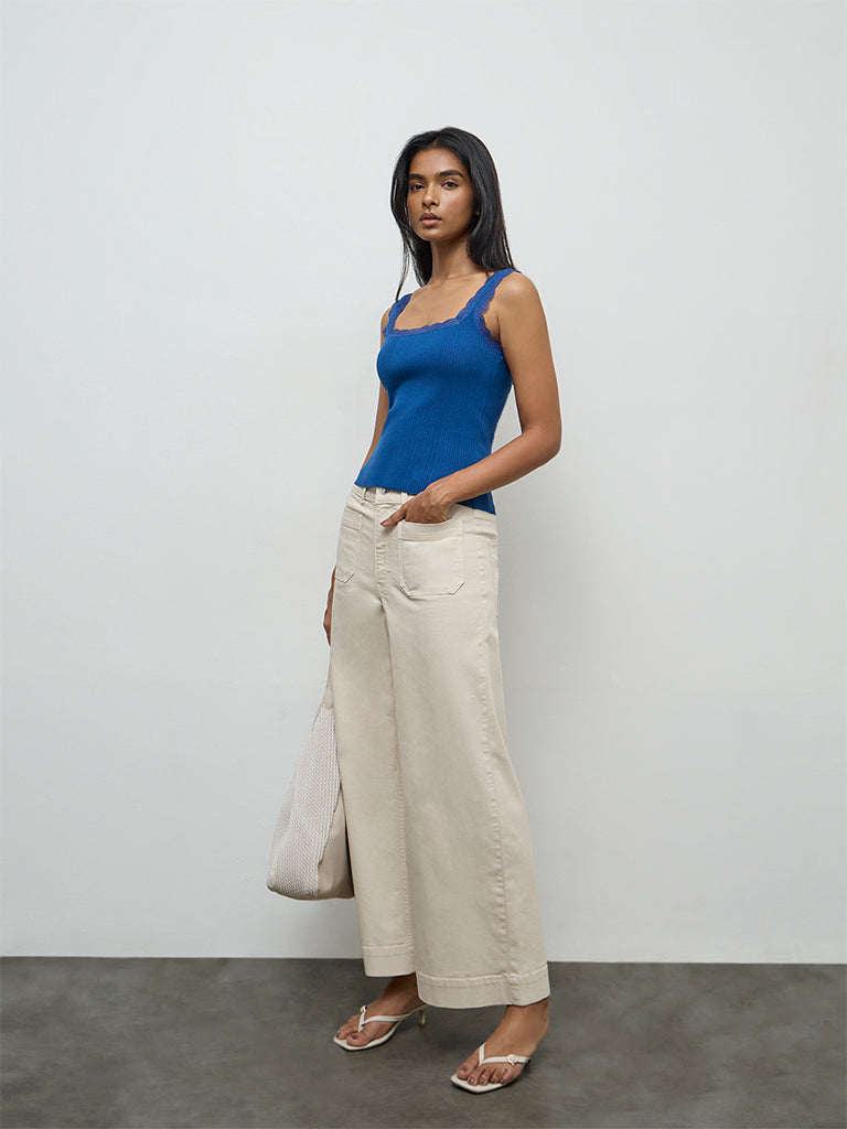 Buy LOV Blue Ribbed Lace-Detailed Top from Westside