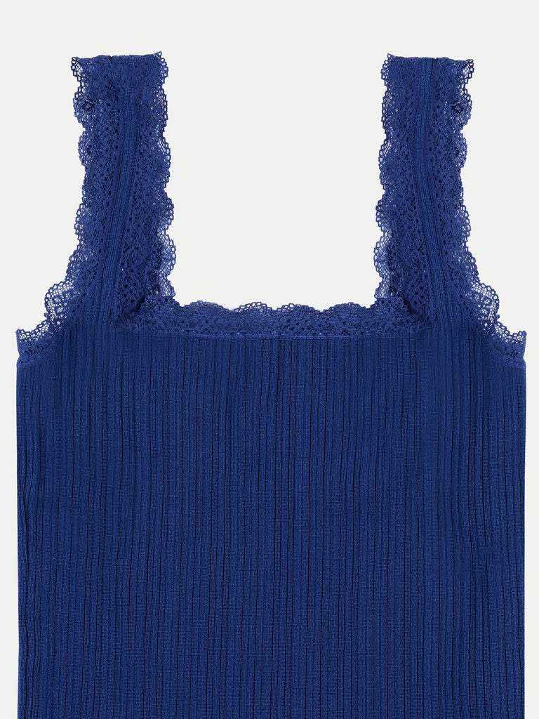 LOV Blue Ribbed Lace-Detailed Top
