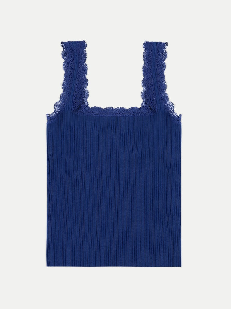 LOV Blue Ribbed Lace-Detailed Top