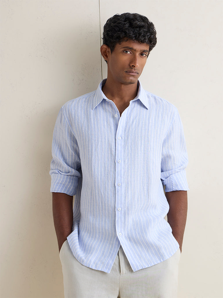 Ascot Light Blue Striped Relaxed-Fit Linen Shirt