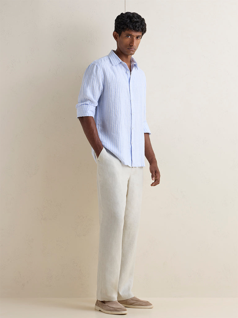 Ascot Light Blue Striped Relaxed-Fit Linen Shirt
