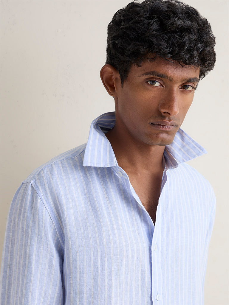 Ascot Light Blue Striped Relaxed-Fit Linen Shirt