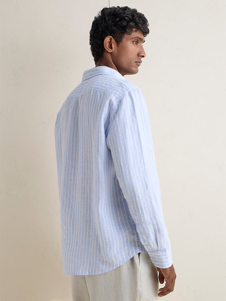 Ascot Light Blue Striped Relaxed-Fit Linen Shirt