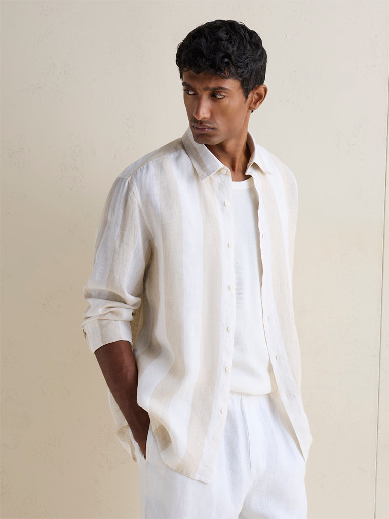 Ascot Beige Striped Relaxed-Fit Linen Shirt