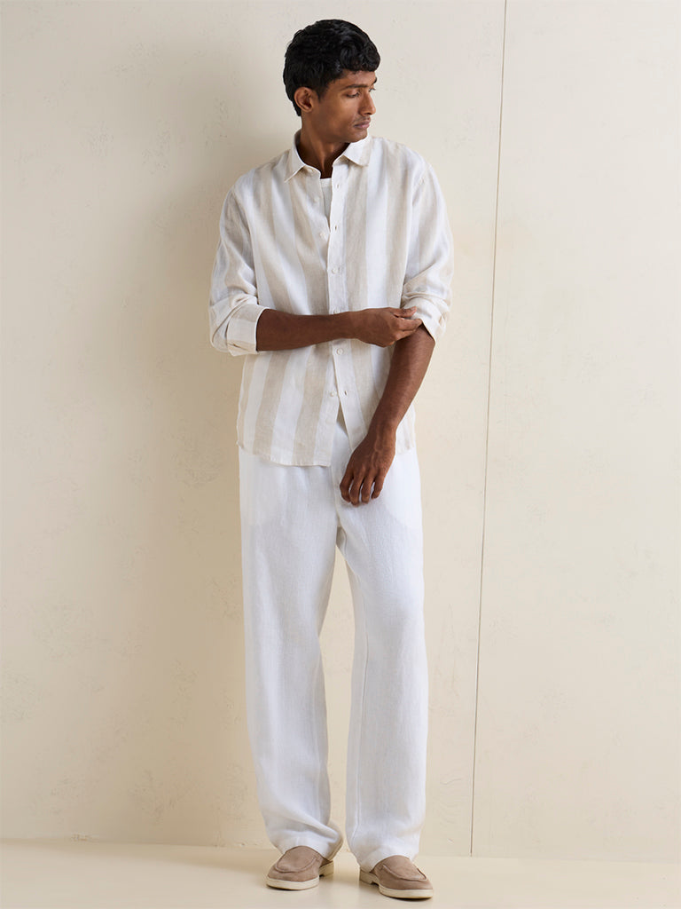 Ascot Beige Striped Relaxed-Fit Linen Shirt