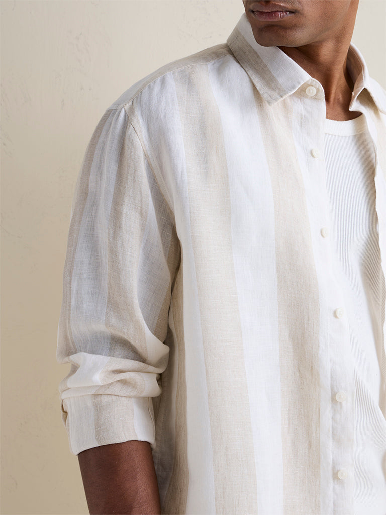 Ascot Beige Striped Relaxed-Fit Linen Shirt