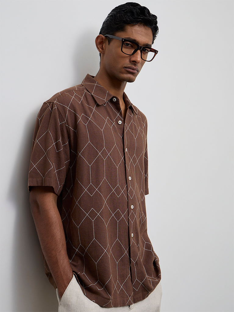 Ascot Brown Geometric Printed Relaxed-Fit Shirt