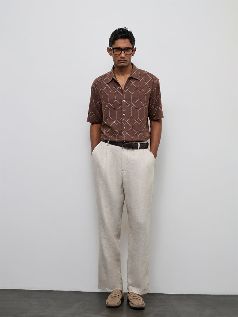 Ascot Brown Geometric Printed Relaxed-Fit Shirt