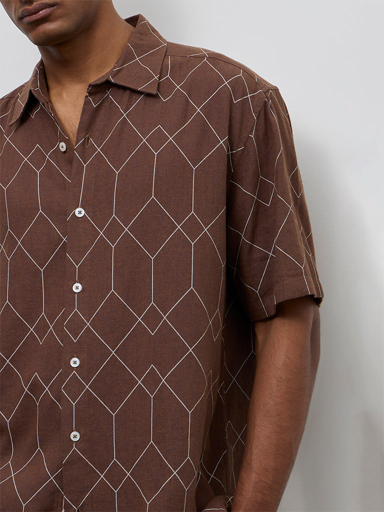 Ascot Brown Geometric Printed Relaxed-Fit Shirt