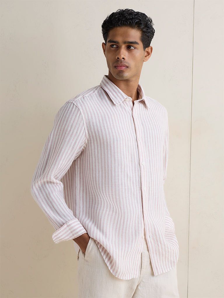 Ascot Mauve Stripe Printed Relaxed-Fit Linen Shirt
