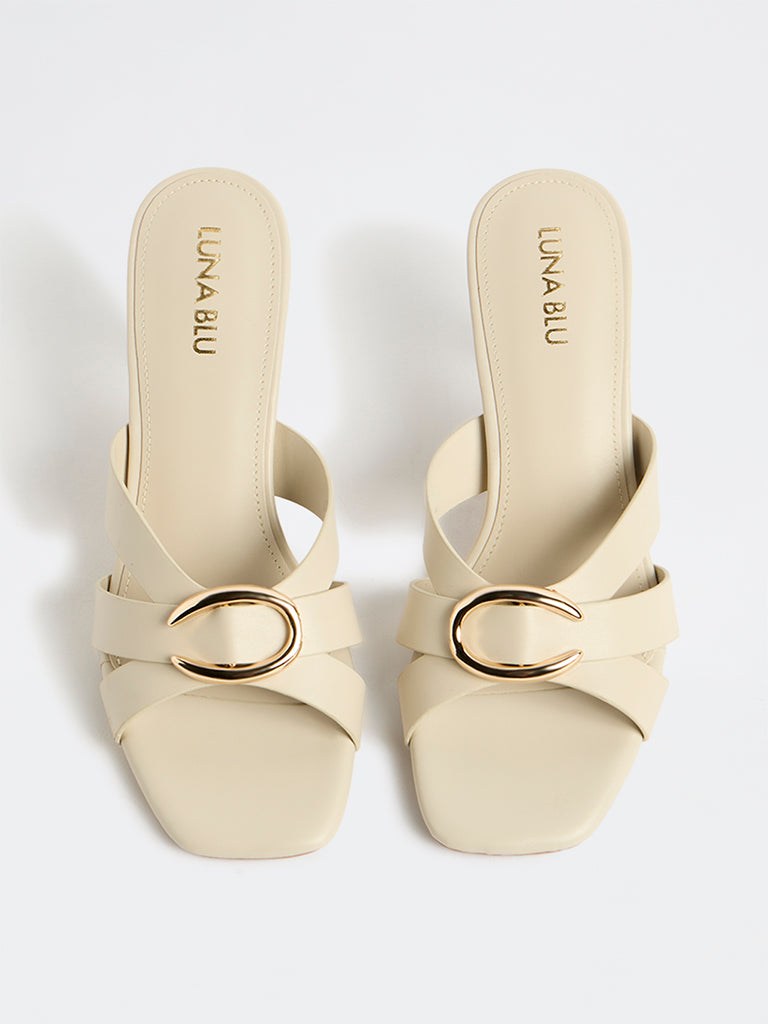 LUNA BLU Ivory Metal-Detailed Mule Heel Sandals