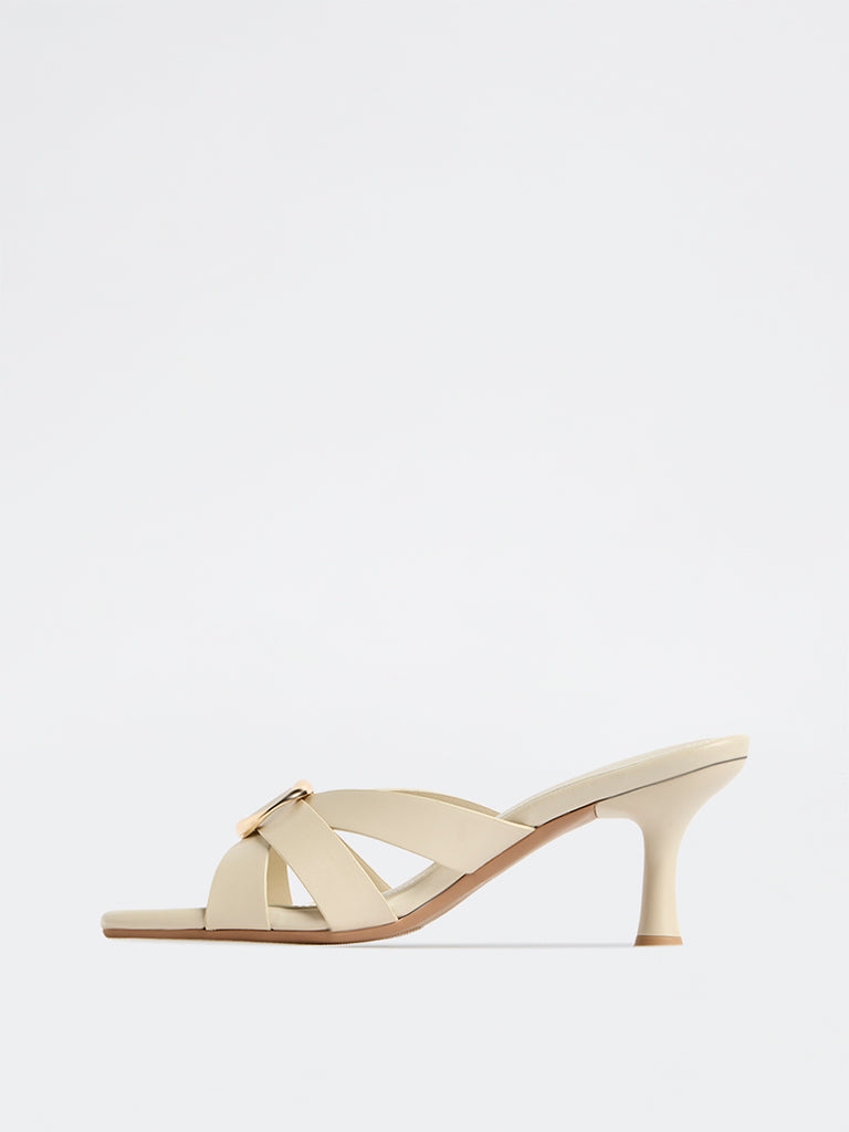 LUNA BLU Ivory Metal-Detailed Mule Heel Sandals