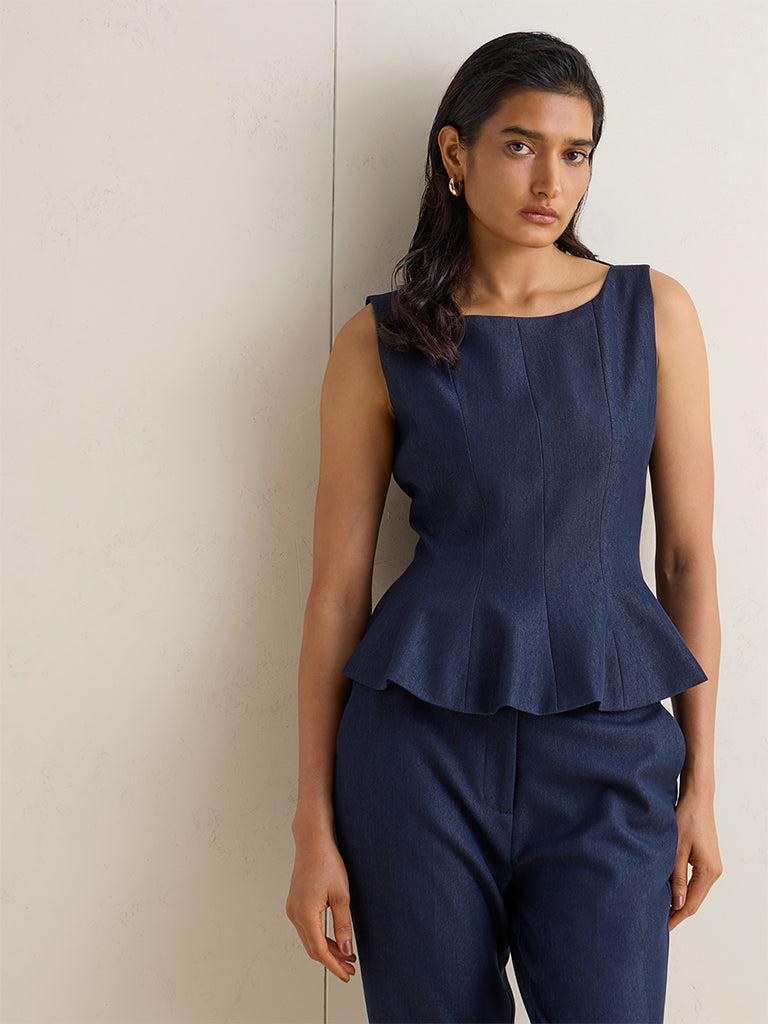 Wardrobe Navy Denim Peplum Top