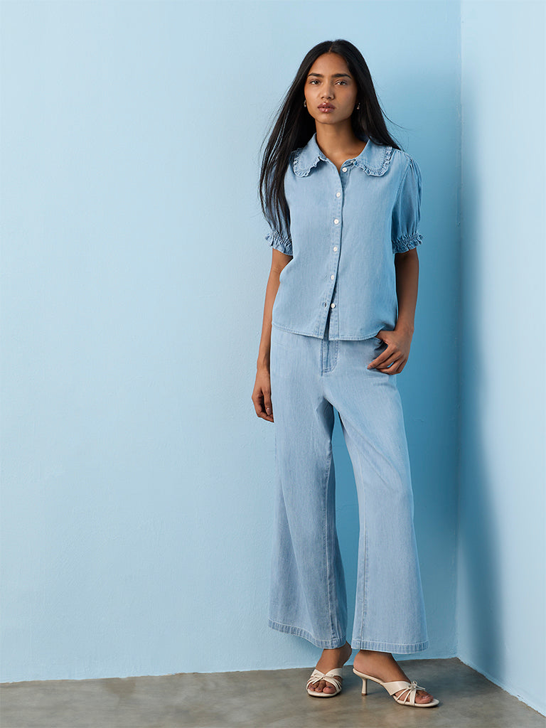 LOV Light Blue Solid Denim Shirt