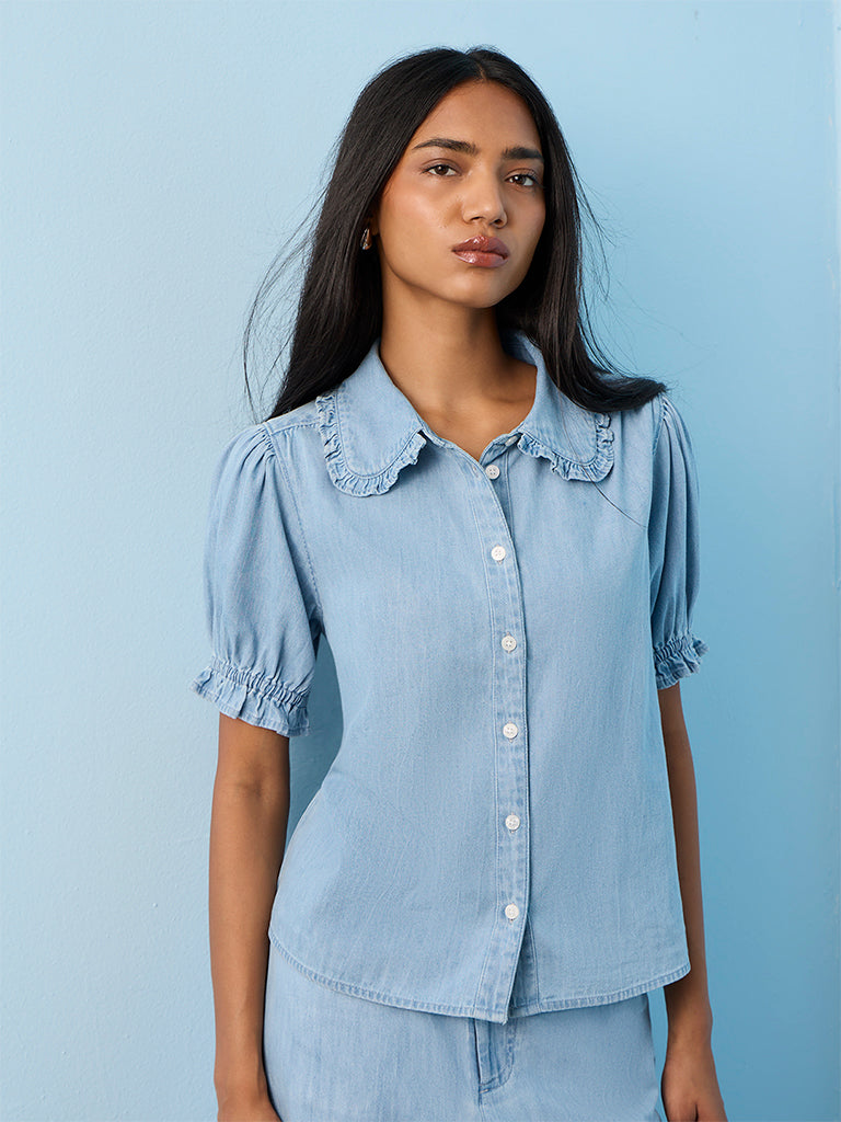 LOV Light Blue Solid Denim Shirt