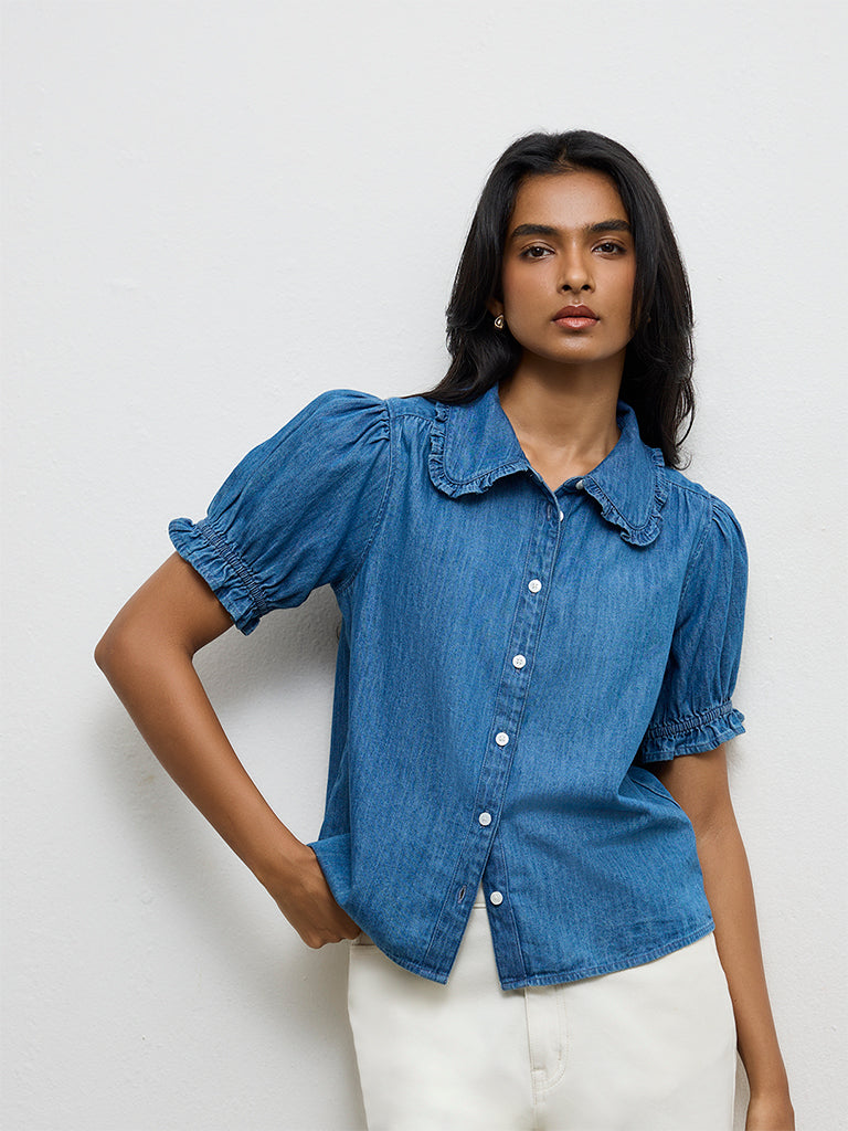LOV Light Blue Solid Cotton Shirt