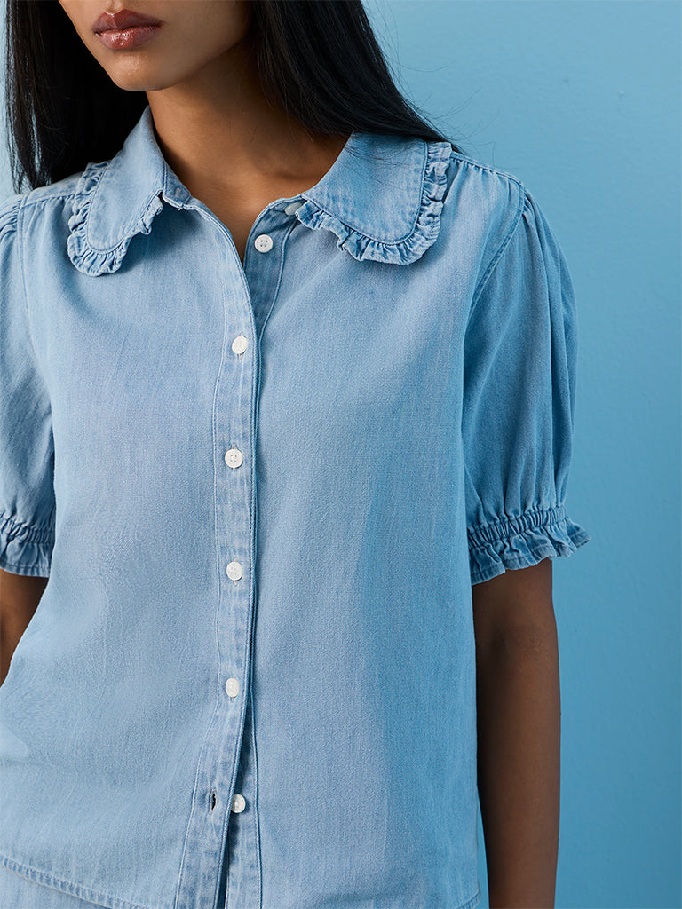 LOV Light Blue Solid Cotton Blouse