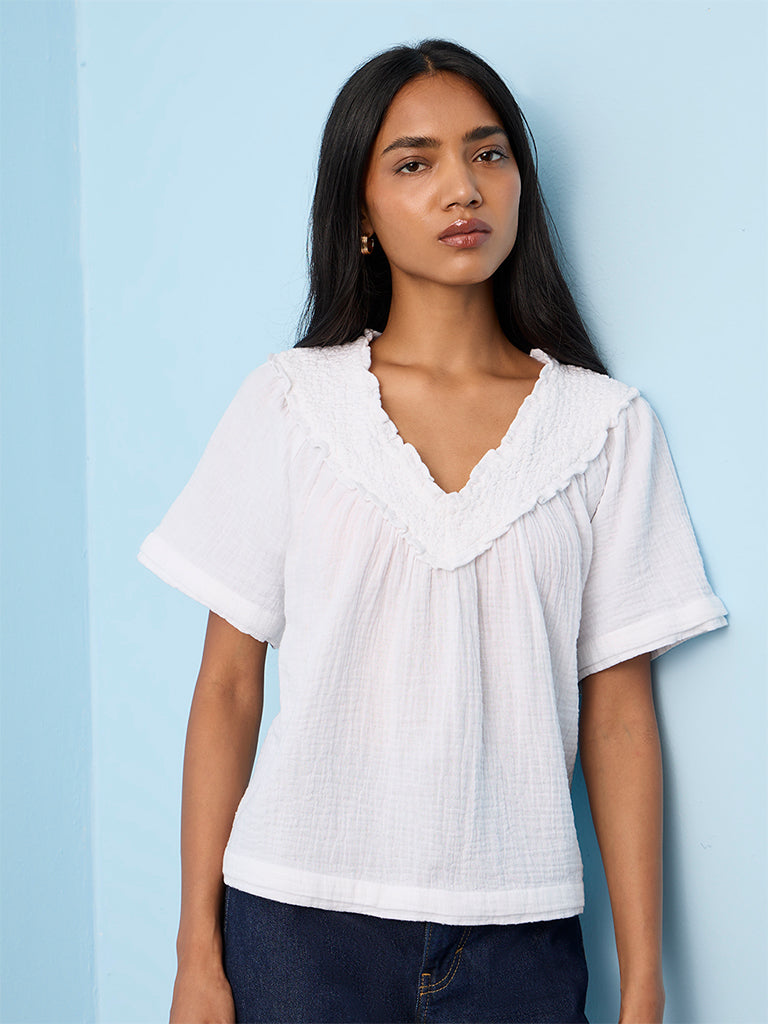 Buy LOV White Crinkle-Textured Cotton Top from Westside