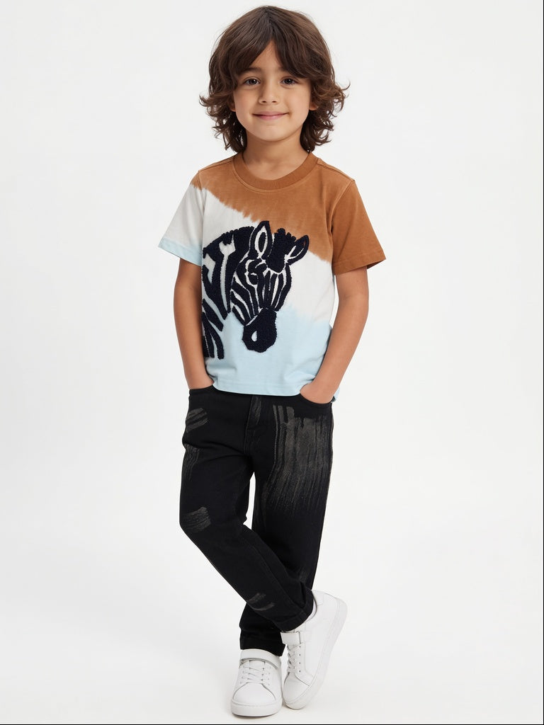 HOP Kids Boys Multi-Colored Zebra Patch Cotton T-Shirt