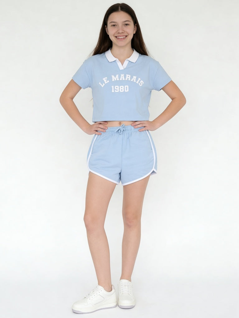 Girls Light Blue Printed Cotton Crop Top And Shorts Set