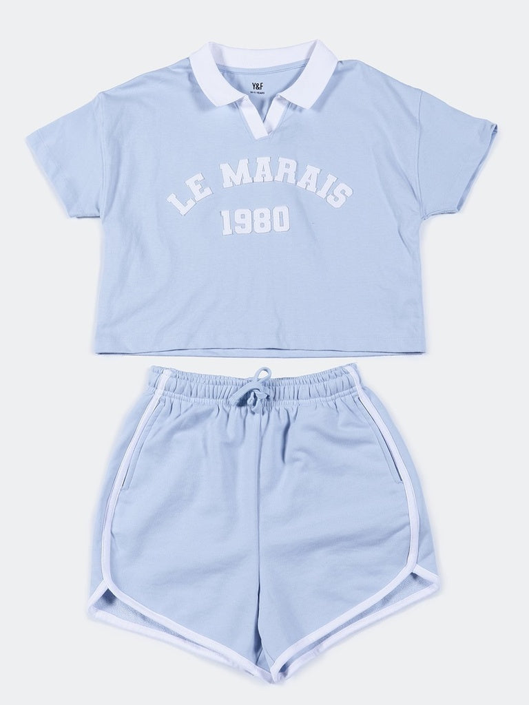 Girls Light Blue Printed Cotton Crop Top And Shorts Set