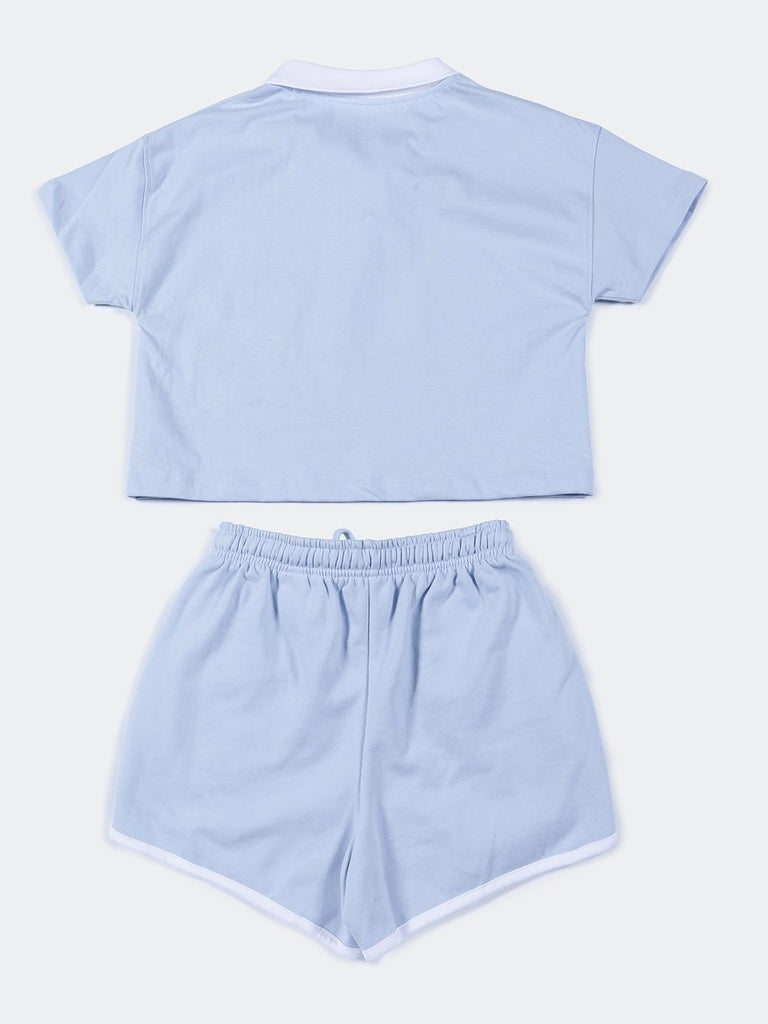 Girls Light Blue Printed Cotton Crop Top And Shorts Set