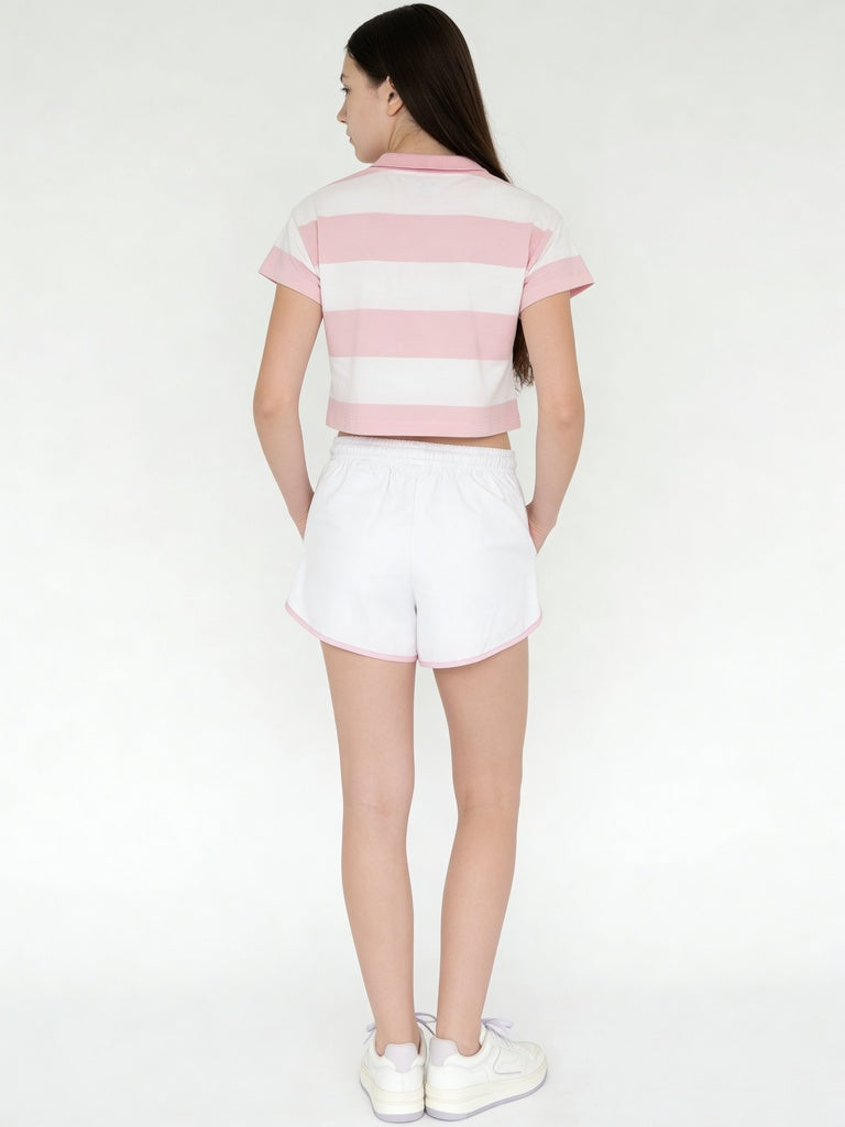 Girls Pink Striped Cotton Polo Crop Top and Shorts Set