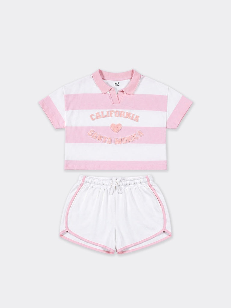 Girls Pink Striped Cotton Polo Crop Top and Shorts Set